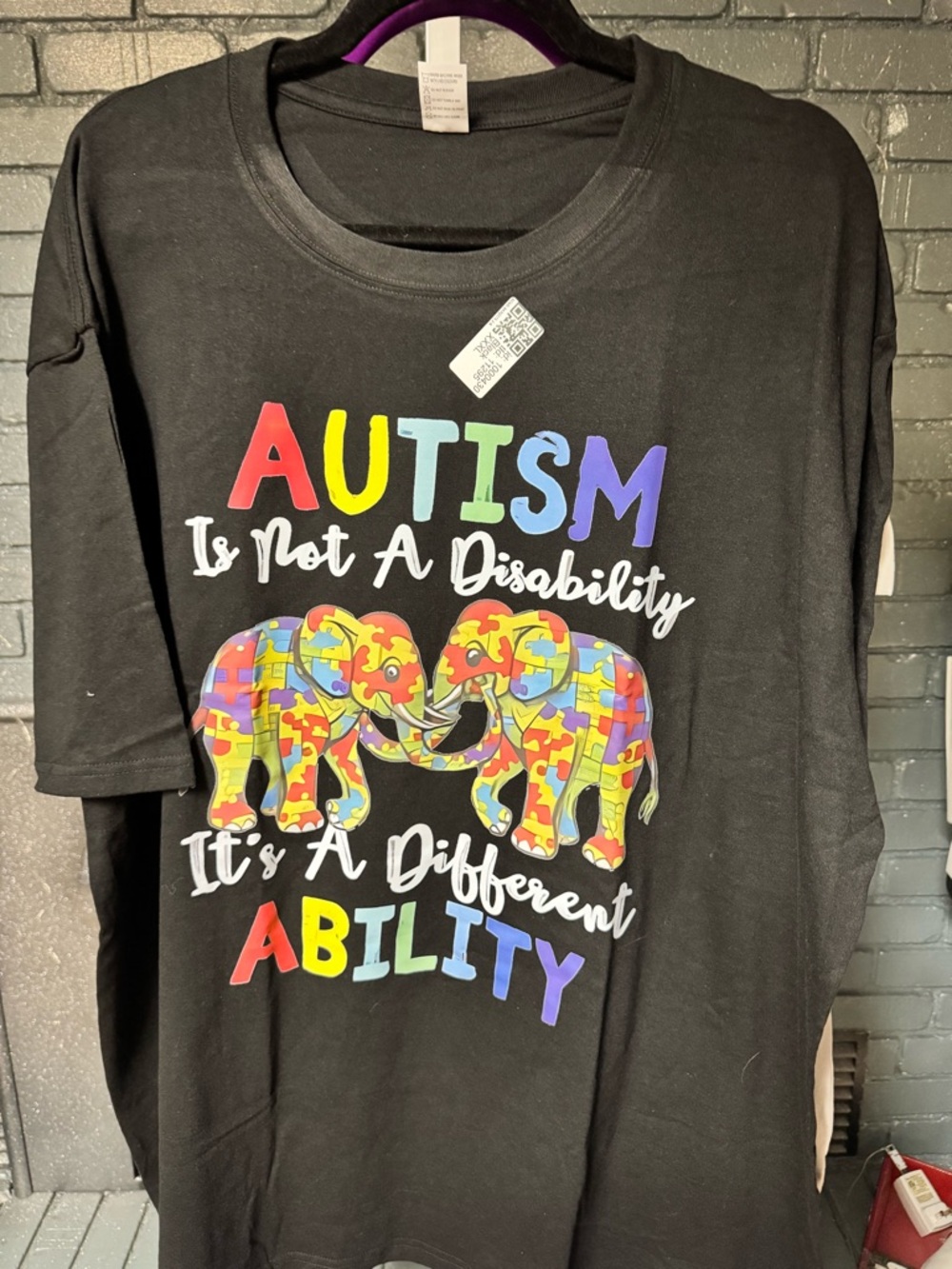 Autism Awareness Puzzle Elephant Graphic Tee - Black